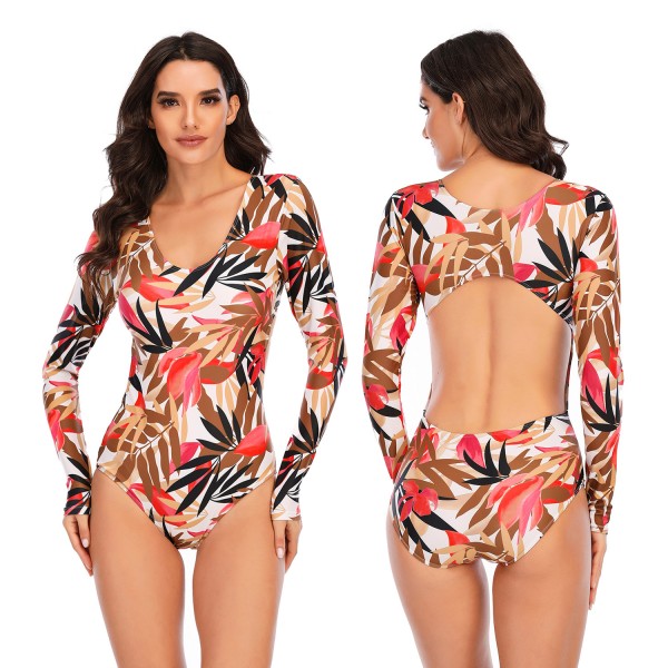 Women Red Floral Print Swimsuit Hollow Back Sexy Long Sleeve Swimwear