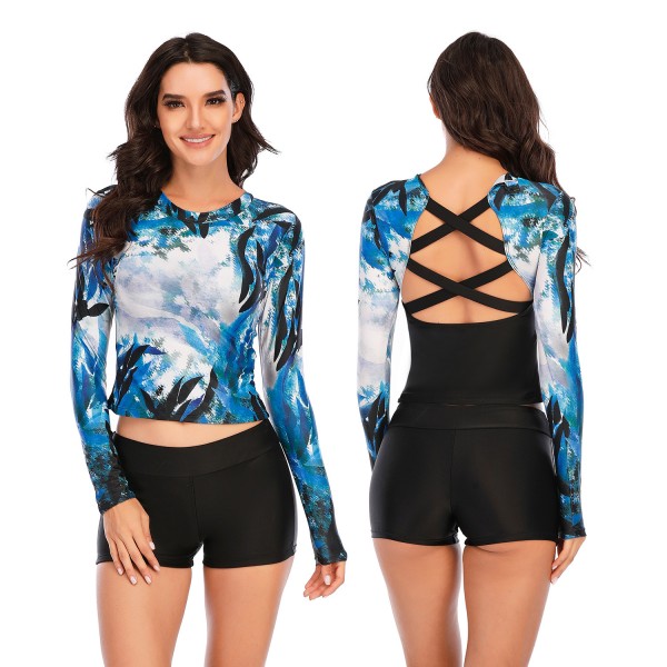 Women Two Pieces croped Swimsuit Back Strappy Long Sleeve Rash Guard