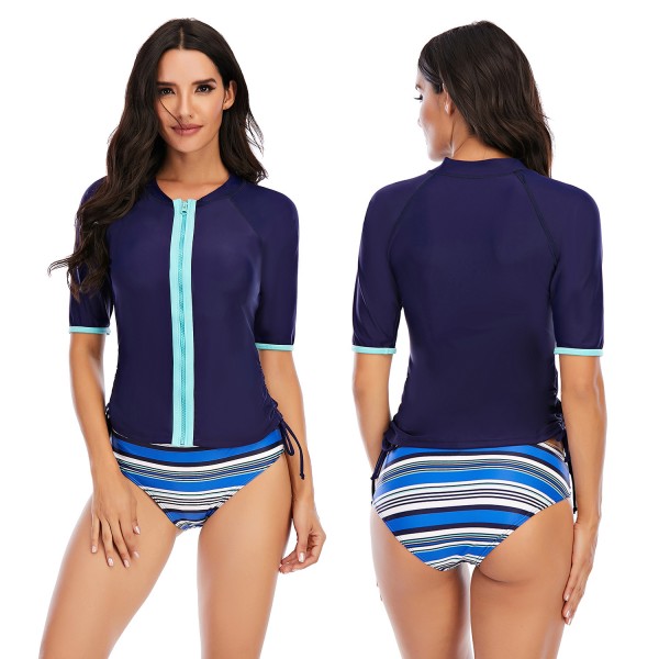 Women Two Pieces Navy Blue Rash Guard Middle Length Sleeve Swim suit 