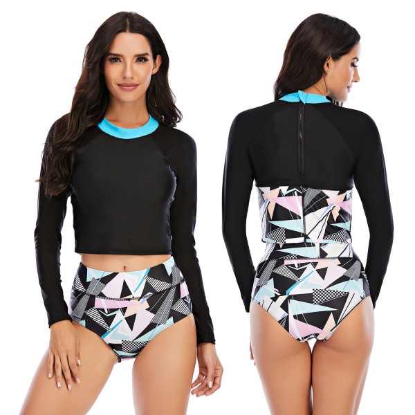 Women Two Pieces High Waisted Rash Guard Long Sleeve Bathing Suit 