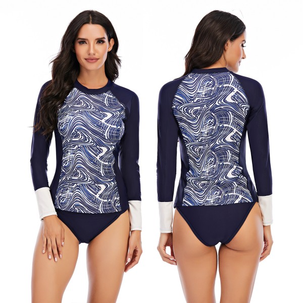 Long Sleeve Navy Blue Swimsuits Women Two Pieces  Rash Guard