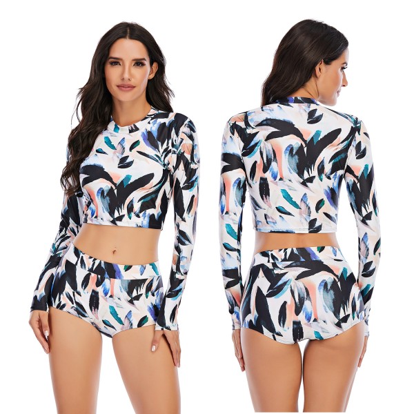 Women High Waisted Long Sleeve Rash Guard Floral Printed Two Pieces Swimwear