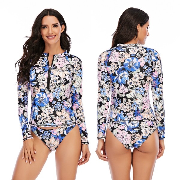 Long Sleeve Floral Printed Rash Guard Women Two Pieces Swimsuit