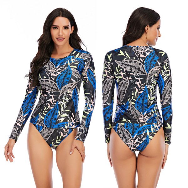 Women Two Pieces Swimsuits Long Sleeve Leaves Printed Bathing Suit