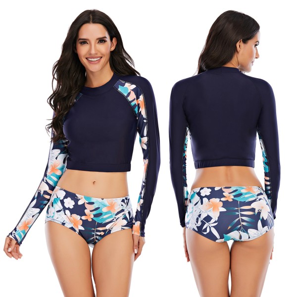 Women Two Pieces High Waisted Rash Guard Long Sleeve Floral Print Bathing Suit