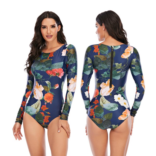 Navy Blue Long Sleeve Rash Guard Floral Printed One Piece Bathing Suit For Women