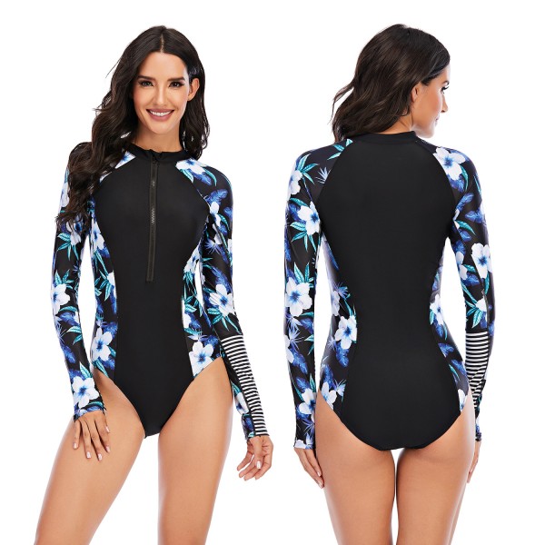 One Piece Rash Guard For Women Floral Printed Long Sleeve Swimsuit