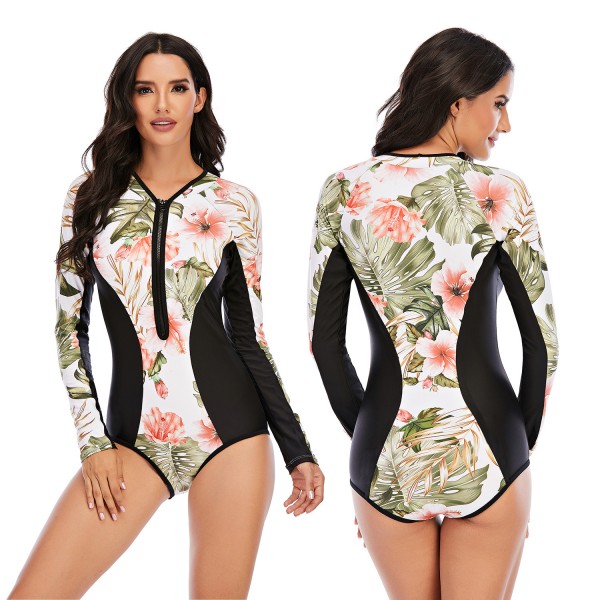 Floral Printed One Piece Rash Guard Women Long Sleeve V-neck Swimsuit