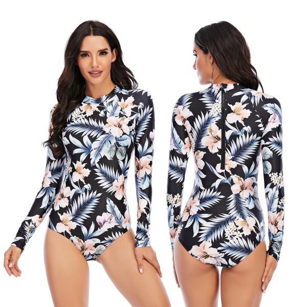 Women Floral Printed Rash Guard One Piece Long Sleeve Swimsuit