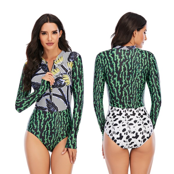 Watermelon One Piece Rash Guard for Women Floral Printed Long Sleeve Bathing Suit