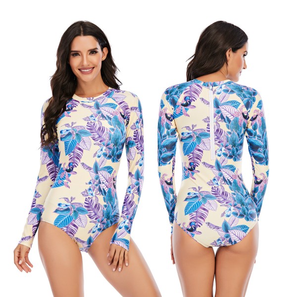 One Piece Floral Printed Rash Guard Long Sleeve Swimsuit For Women