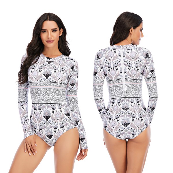Long Sleeve Floral Printed Swimsuit For Women One Piece White Swimwear