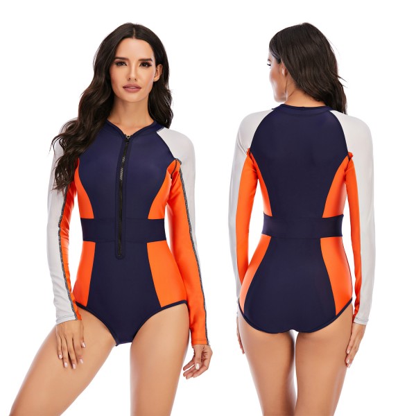 Women Color Block Long Sleeve Rash Guard One Piece V-neck Swimwear
