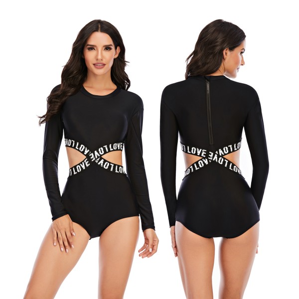 Women Black Long Sleeve Swimwear Waist Cutaway One Piece Bathing Suit