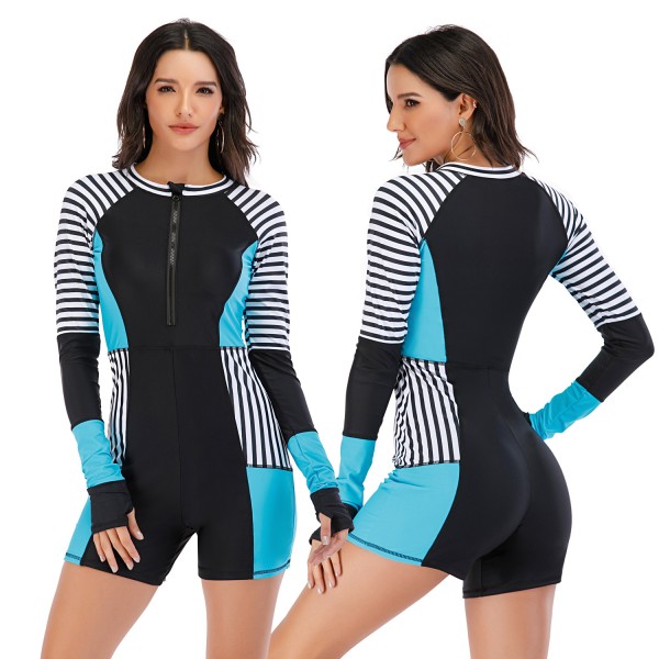 One Piece Long Sleeve Swimsuit Color Block Striped Rashguard