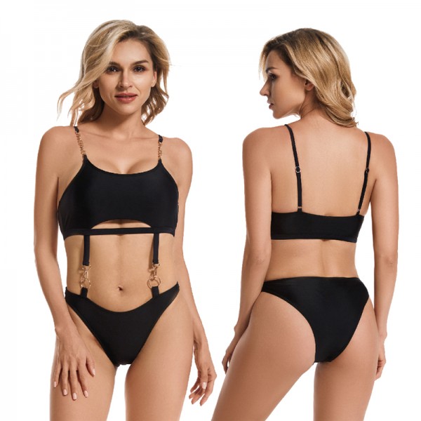 Women's High Waisted Bikini Two Piece Black Sling Swimsuit Rash Guard