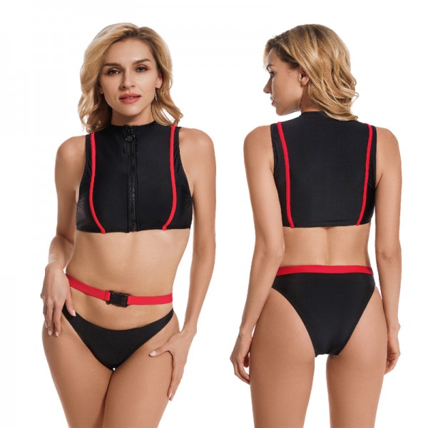 Two Piece Swimsuit For Women Black Front Zip Rash Guard