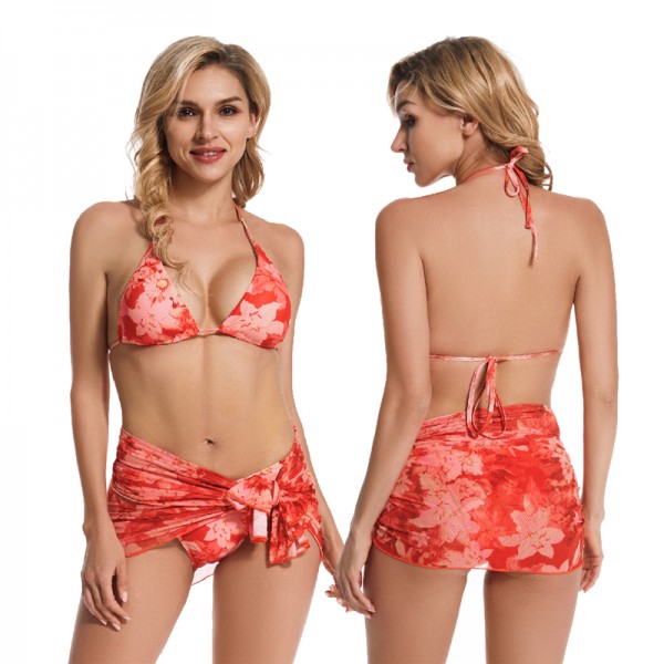 3-Piece Tie Dye Bikini with Cover Up Skirt Set