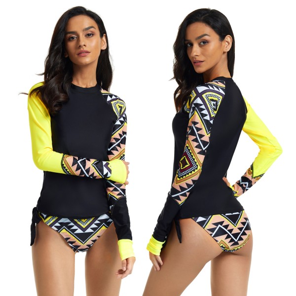 Long Sleeve Two Piece Swimsuit for Women Geometric Print Rash Guard