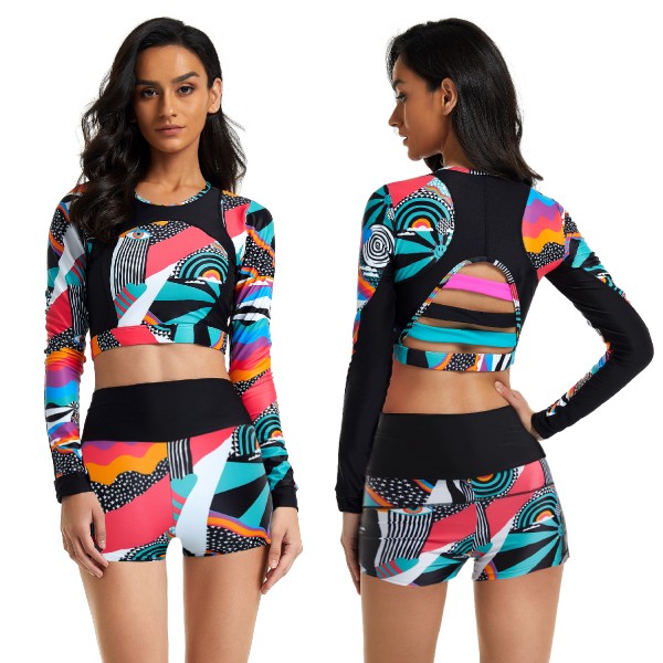 Long Sleeve Cropped Rash Guard Sexy Hollow Out Two Piece Swimsuit