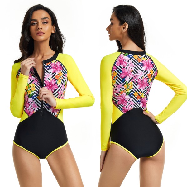 Long Sleeve One Piece Swimsuit Front Zip Floral Bathing Suit