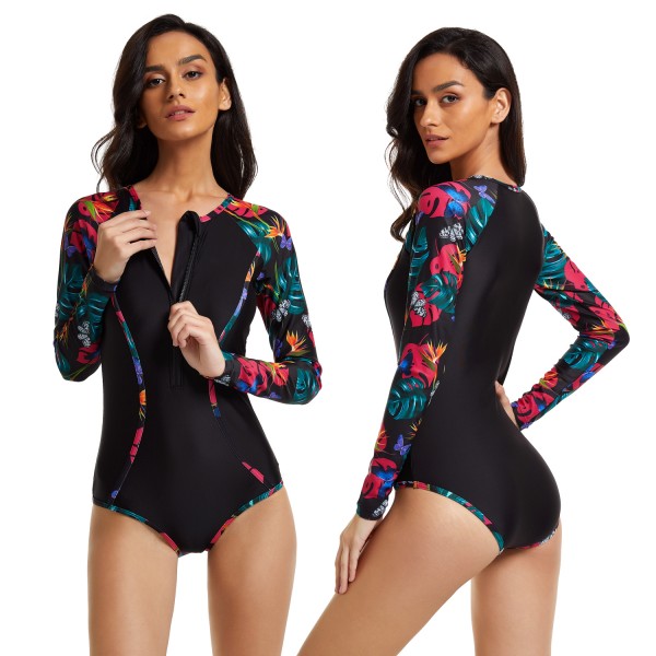 Women's One Piece Swimsuit Tropical Print Sleeves Bathing Suit