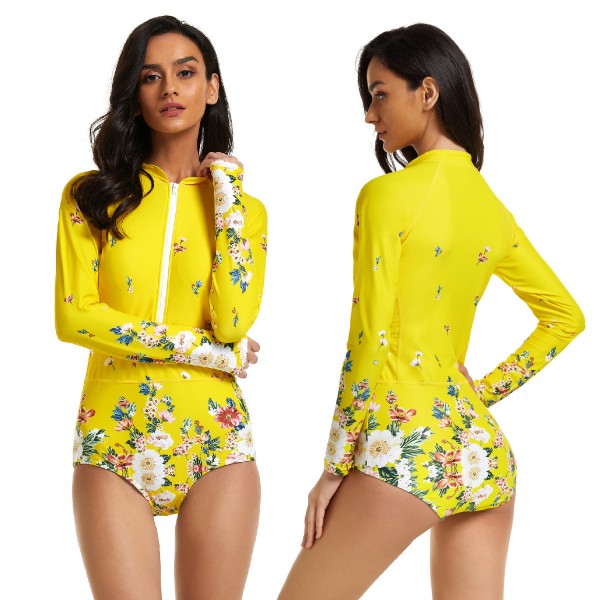 Yellow Long Sleeves Rash Guard Floral Print One Piece Swimsuit