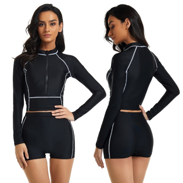 Black Long Sleeve Two Piece Swimsuit Women's Boyleg Shorts Rash Guard