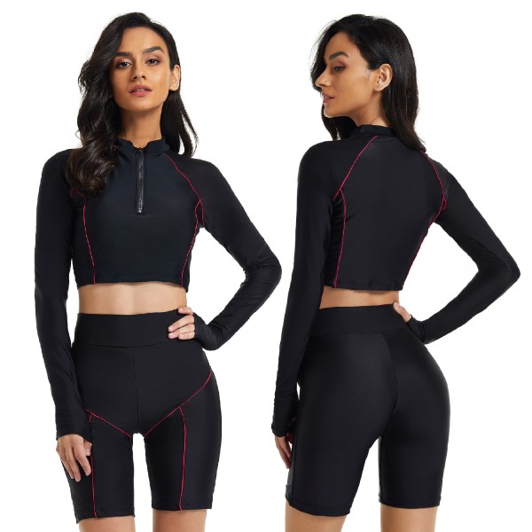 Black Long Sleeve Two Piece Rash Guard Sporty Crop Top Swimsuit