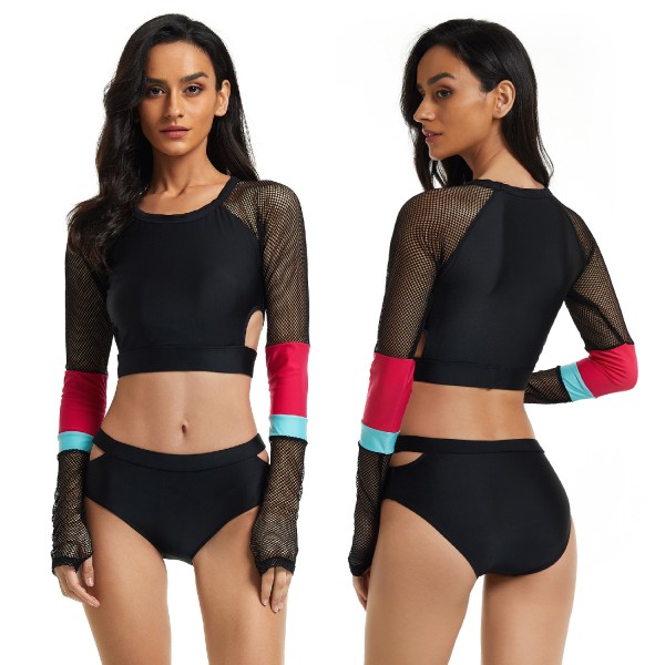 Sexy Mesh Long Sleeve Swimsuit Crop Top Two Piece Bathing Suit