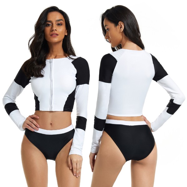 Black and White Rash Guard for Women Long Sleeve Two Piece Swimsuit