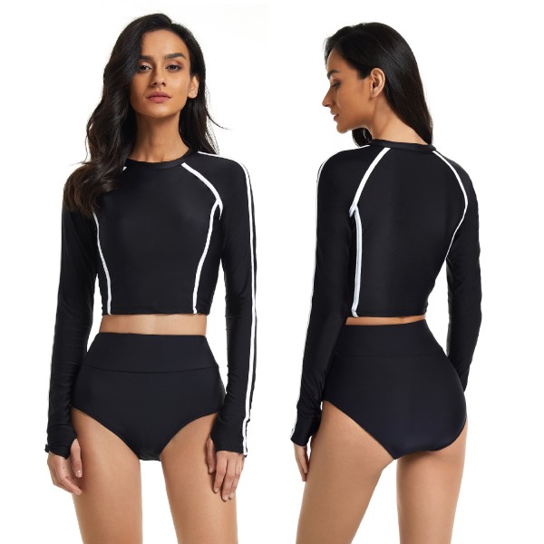 Black Long Sleeve Rash Guard for Women Two Piece High Waist Swimsuit