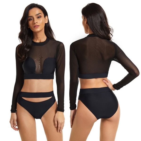 Sexy See Through Swimsuit Women's Black Long Sleeve Bathing Suit