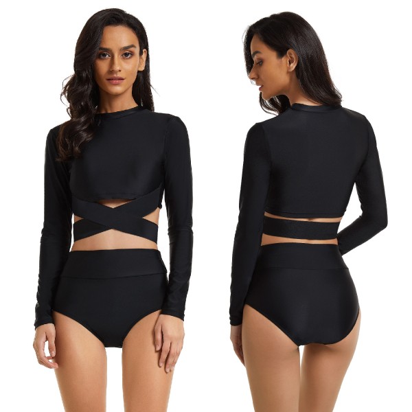 Black Long Sleeve Swimsuit for Women Two Piece Rash Guard