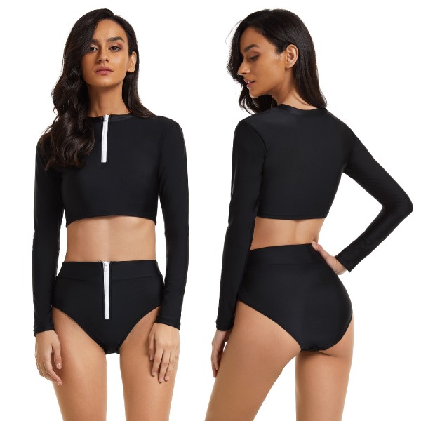 Black Cropped Rash Guard for Women Long Sleeve Two Piece Swimsuit