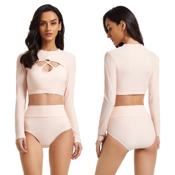 Pale Pink Long Sleeve Swimsuit Two Piece High Waisted Rash Guard