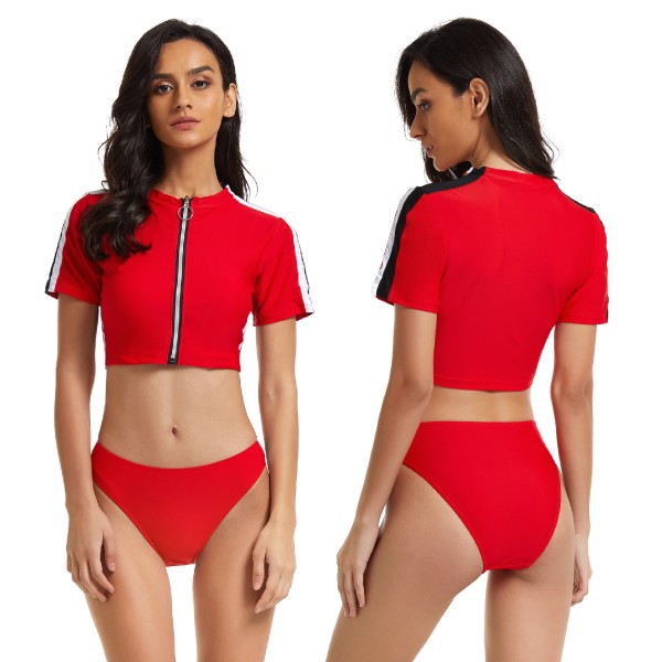 Red Short Sleeve Swimsuit for Teenager Crop Top Two Piece Bathing Suit