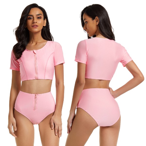Pink Short Sleeve Swimsuit for Women Front Zip Two Piece Bathing Suit