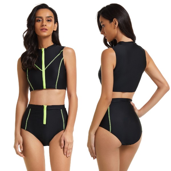 Women's Black High Neck Swimsuit Two Piece Cropped Bathing Suit