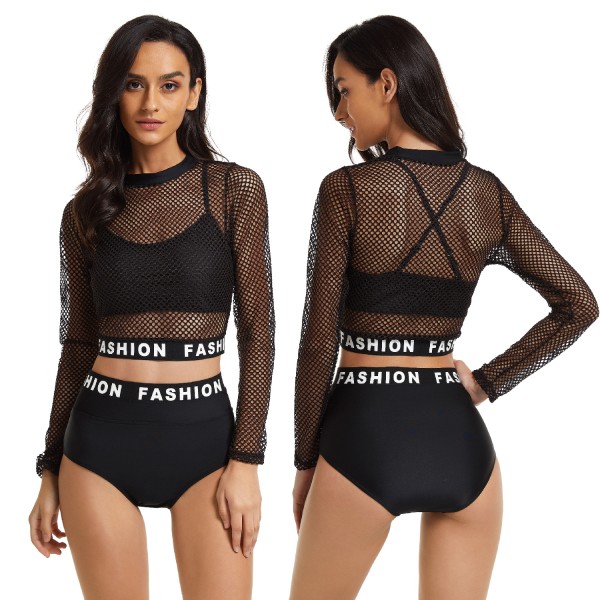 Sexy Black Long Sleeve Swimsuit with Fishnet Cover-Up