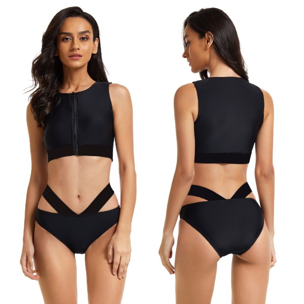 Women's Black Cropped Top Swimsuit Front Zip Bathing Suit