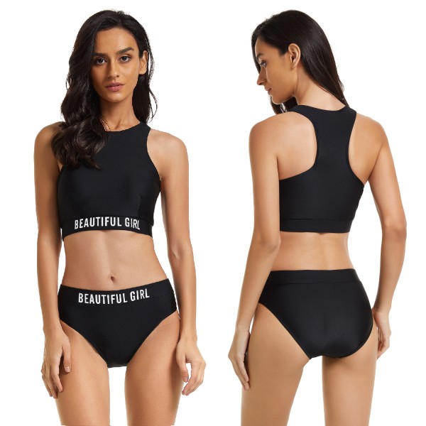 Sporty Black Racerback Swimsuit Women's Two Piece Bathing Suit