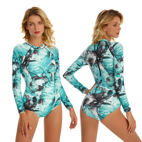 Tropical Print Long Sleeve Swimsuit Fresh Back Zip Rash Guard