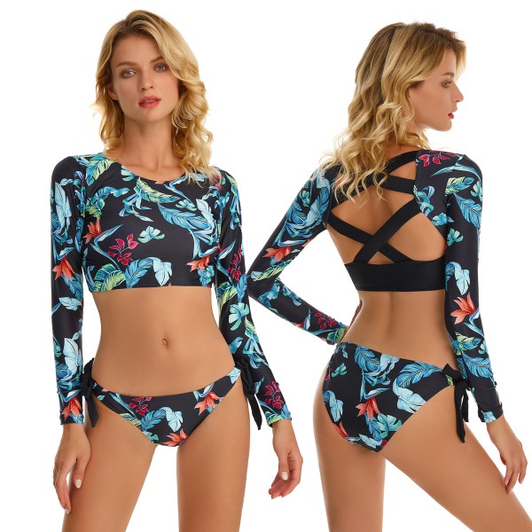 Women's Long Sleeve Bathing Suit Tropical Print Criss Cross Bikini