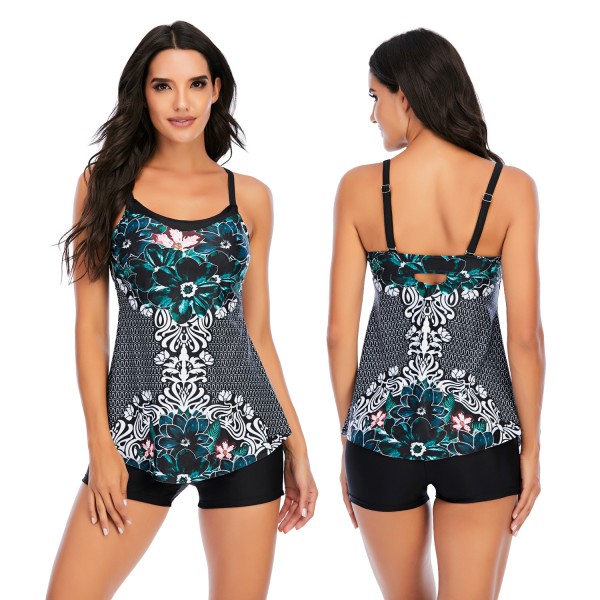 Women Two Pieces Peacock Green  Swimming Costume Floral Printed  Tankini