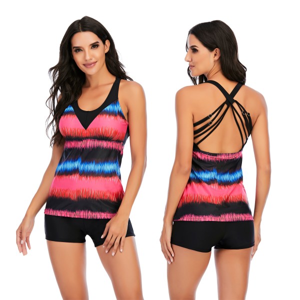 Women Two Pieces Swimsuit Pink Strappy Back Tankini Set