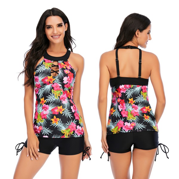 Women Floral Printed Tankini Backless Two Pieces Swimming Costume