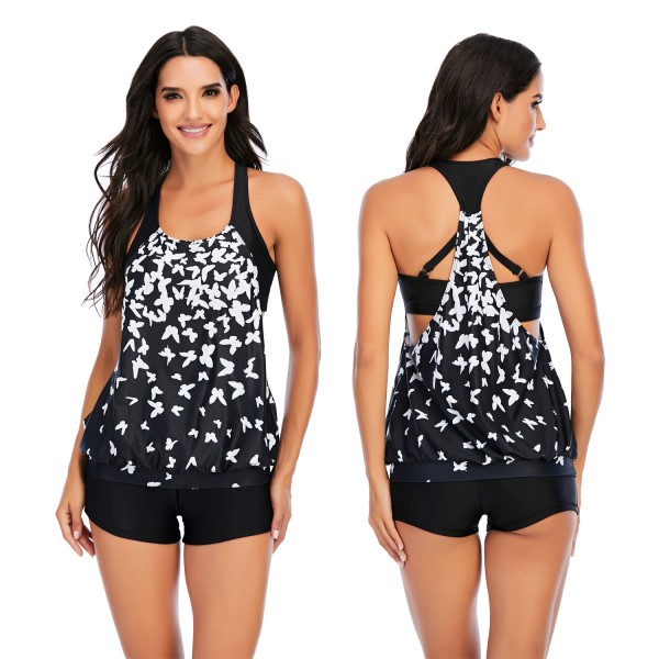 Women Butterfly Printed Tankini Black and White Two Pieces Swim wear